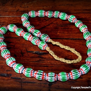 Vintage  Watermelon  Chevron Trade Beads~ 24 Inch Long Necklace~Beading Supplies~34 Green Red and White Chevron Beads~Wear as is or Create!!