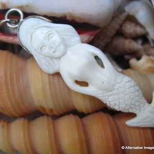 Vintage Balinese Hand Carved Bone Whimsical  Little Mermaid Sterling Silver Bale Focal Bead~Carved Bone Mermaid Pendant~Mermaid Jewelry