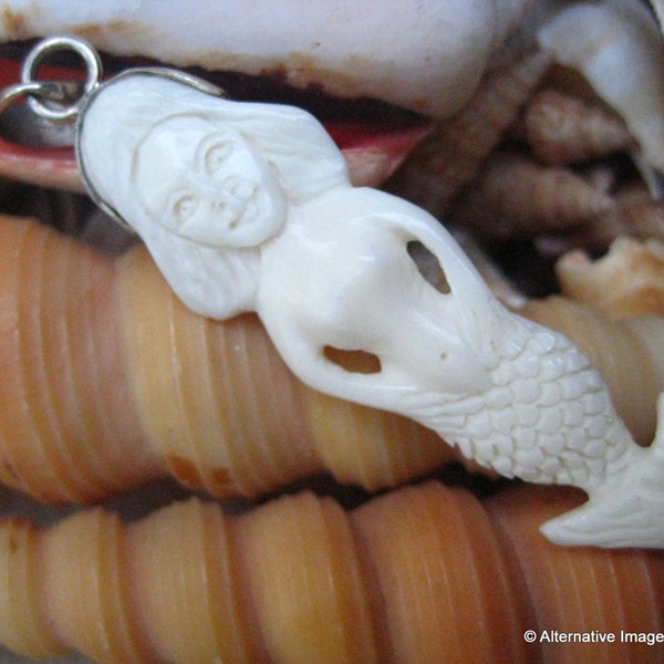 Vintage Balinese Hand Carved Bone Whimsical  Little Mermaid Sterling Silver Bale Focal Bead~Carved Bone Mermaid Pendant~Mermaid Jewelry