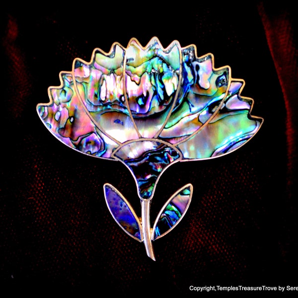 Carved Abalone Shell  and 925 Taxco Brooch Pendant~Carved Lotus Pendant~Highly Iridescent Ornate Abalone Pendant Brooch~Prosperity Amulet