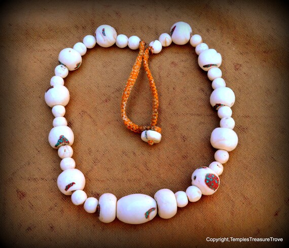 Sacred Tibetan Conch Shell Bead Necklaceturquoise and Coral Inlaid
