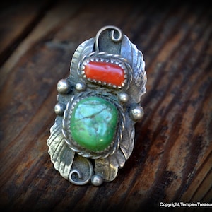 BIG Old Pawn Navajo Ring/Sterling Green Turquoise and Red Coral Navajo Ring/ Mid Century Turquoise and Coral  Ring/ Statement Unisex Ring