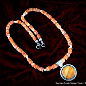 Signed Spiny Oyster Heishi Necklace~Orange and White Spiny Oyster Heishi Necklace~Unisex Spiny Oyster Necklace~SW Pueblo Style Necklace