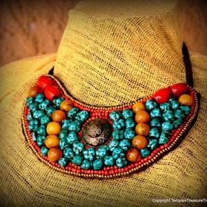 Ladakh Beaded Bib Necklace For Her of Turquoise Gold Copal Resin Seed Bead Turquoise Brass~Beaded Collar Necklace~Ethnic Statement Collar