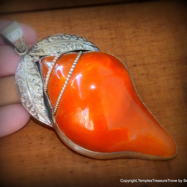 Conch Shell Shaped Pendant~Amber Resin and Tibetan Silver Pendant ~Rich Honey Colored Amber Resin Pendant~Fair Trade Beads from Kathmandu