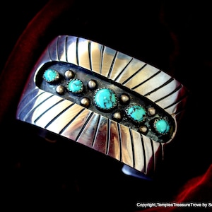 Old Pawn Navajo Manschettenarmband ~ 5 türkisfarbene Cabs Sterling Manschettenarmband ~ Navajo Manschette von Benson Sam ~ Navajo Sterling & Türkis Statement Manschette