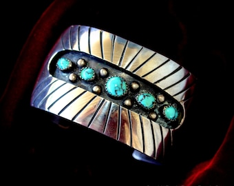 Bracciale a polsino Navajo Old Pawn~ Bracciale a polsino in argento sterling con 5 cabine turchesi~ Bracciale a polsino Navajo di Benson Sam~Bracciale a polsino in argento sterling Navajo e turchese