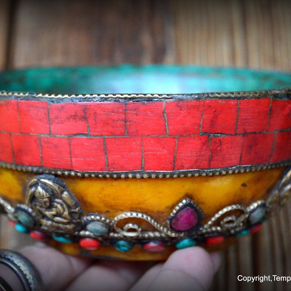 Buddhist Offering Bowl of Amber Resin and Gemstones~Ornate Nepalese Offering Bowl~Buddhist Offering Bowl with Coral and Turquoise Matrix Rim