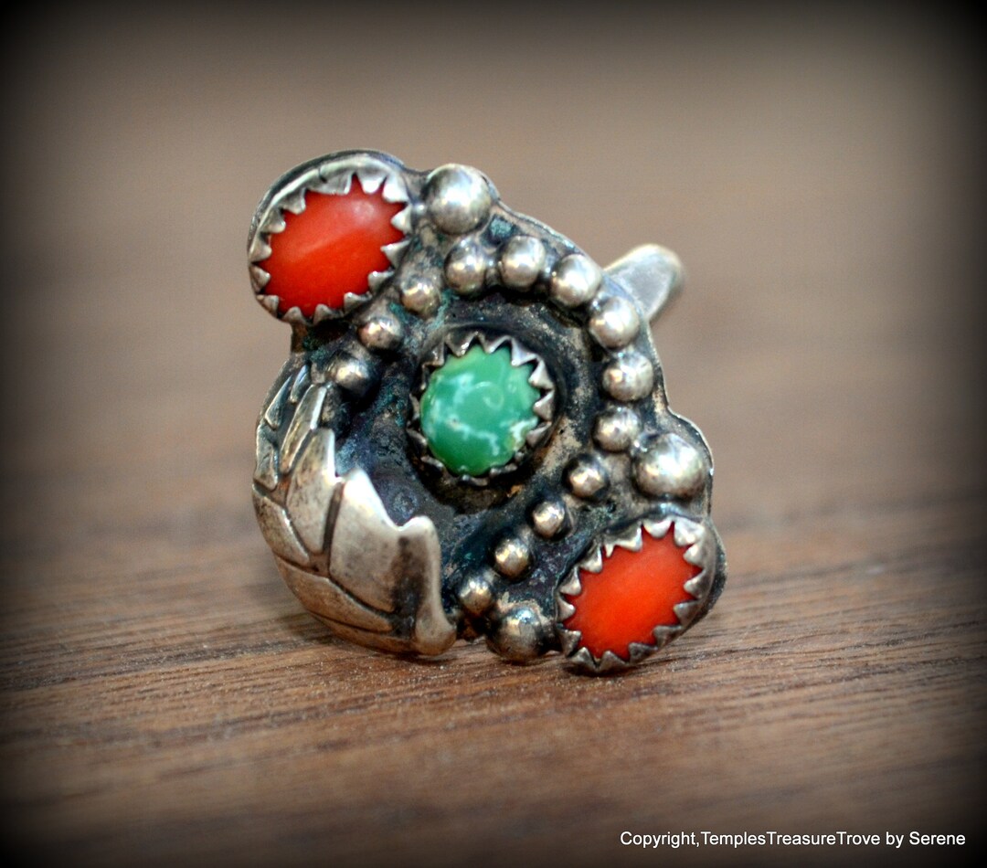Navajo Turquoise and Red Coral Ring Size 5~sterling Turquoise and Coral ...