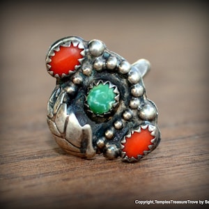 Navajo Turquoise and Red Coral Ring Size 5~Sterling Turquoise and Coral Navajo Ring~Mid Century Ring/Navajo Ring~December birthstone ring