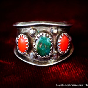 Old Pawn Navajo Cigar Band Ring Size 8~Turquoise and Coral Sterling Cigar Band Ring ~Mid Century Navajo Ring ~Unisex Navajo Statement Ring