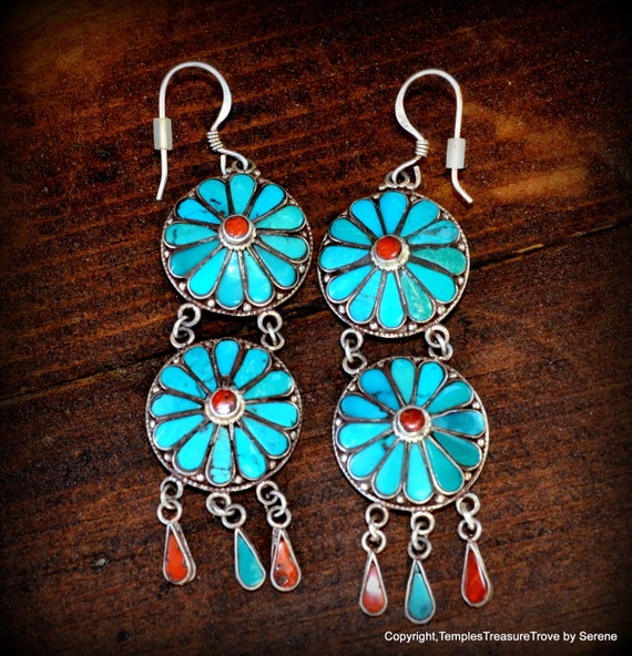 Traditional Nepali Sterling Turquoise Red Coral E… - image 9