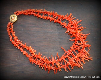Mid Century Double Strand Branch Coral  Necklace~Branch Coral Necklace~Two Strand Red Coral Necklace~Rockabilly Red Branch Coral Necklace