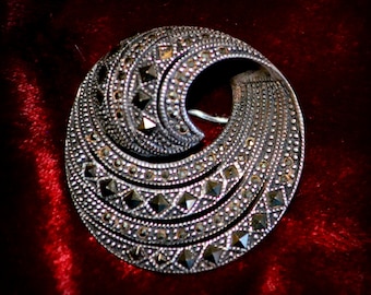 Art Deco Sterling and Marcasite Swirled Pin Brooch~Sterling Pin Brooch~Marcasite and Sterling Brooch For Her~Art Deco Brooch Pin~Gift 4 Her