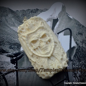 Vintage Gothic Grinning Grim Reaper Skeleton Focal Bead Pendant Carved from Buffalo Bone with Marked Sterling  Bale~Gothic Reaper Pendant