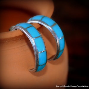 Old Pawn Zuni Inlay Earrings~Zuni Half Hoop Stud Earrings~Sterling and Sleeping Beauty Turquoise Zuni Stud Earrings~Turquoise Inlay Earrings