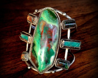 Massive Navajo Cuff  Bracelet~Shattuckite Turquoise Malachite Sterling Cuff Bracelet~Mid Century Navajo Cuff~Navajo Sterling Statement Cuff