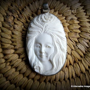 Balinese Carved Bone Goddess Face Hippie Flowers in her Hair Set in Sterling Silver Pendant Focal Bead~Carved Bone Pendant~Goddess Pendant