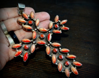 Fenomenal Gran Cruz de Coral Rojo Natural y Esterlina ~ Gran Crucifijo de Coral Natural y Plata esterlina ~ Crucifijo unisex ~ Regalo religioso unisex