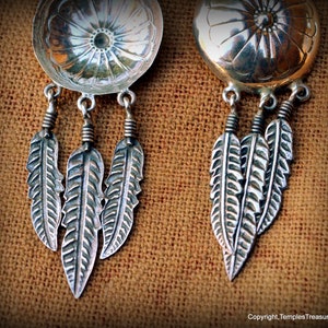 Signed Concho and Three Feathers 925 EarringsNavajo Benchmade Sterling EarringsNative American Earrings Dangle and Drop Earrings for her image 5