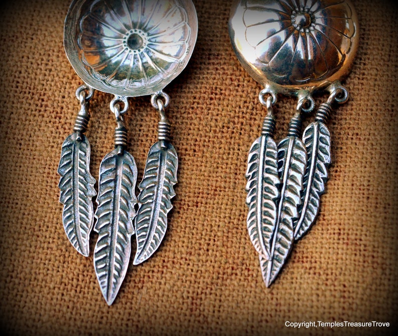 Signed Concho and Three Feathers 925 EarringsNavajo Benchmade Sterling EarringsNative American Earrings Dangle and Drop Earrings for her image 5