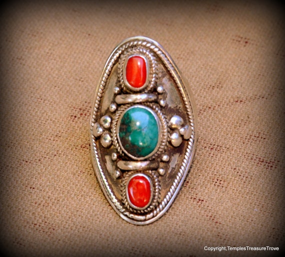 Precious Red Coral and Tibetan Turquoise Saddle R… - image 5