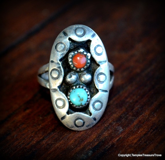 Navajo Turquoise Red Coral Ring Size 5 3/4~Signed… - image 1