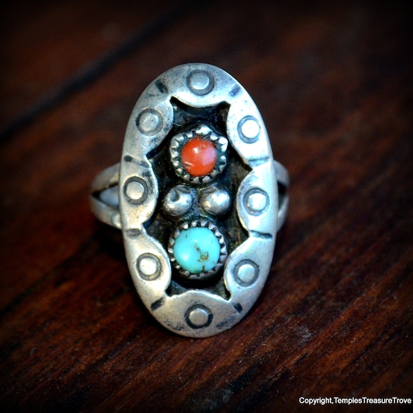 Navajo Turquoise Red Coral Ring Size 5 3/4~Signed Turquoise & Coral Navajo Ring by Navajo Glen Adakai~December birthstone ring~Ring For Her