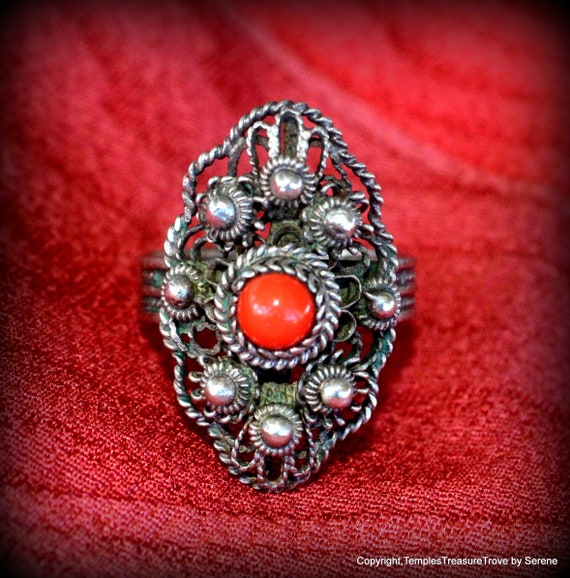 Sterling Cannetille and Red Coral Ring Size 6.5~92