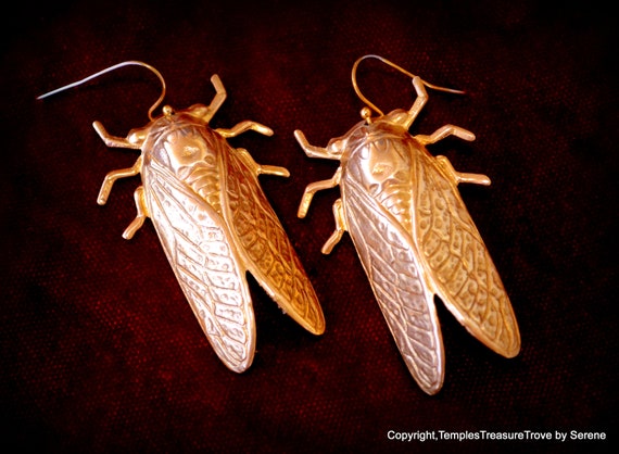 Brass Beetle Earrings~Cicada Earrings~Dangle and Drop Bug Earrings~Earrings gift for Entomologist~Bug Out Earrings~Brass Insect Earrings