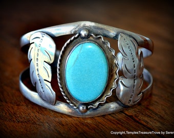 Old Pawn Mid Century Navajo Cuff~Old Pawn Navajo Cuff Bracelet~Turquoise Cab Sterling Cuff Bracelet~Navajo 925 and Turquoise Statement Cuff