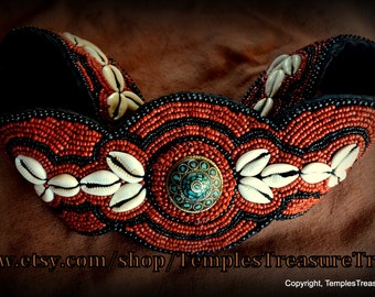 Vintage Ladakh Statement Belt Red Coral Seed Bead Turquoise Brass Cowry Shell Lot - Tibetan, Ladakh, India red coral tribal beaded neck  main image 4
