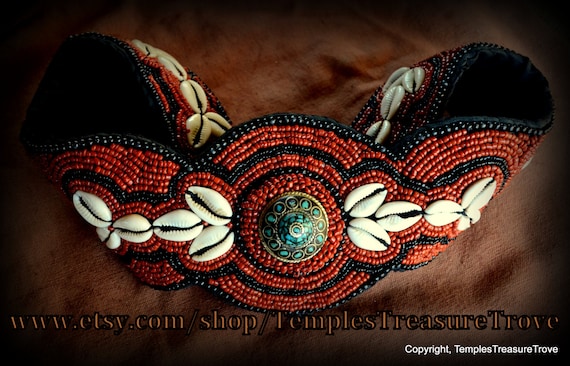Antique African cowrie shell and seed beads belt Vintage African Beaded Tie Waist Belt in Turquoise Seed  main image 3