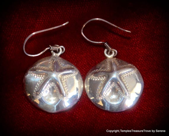 Sterling Sand Dollar Earrings~Beach Lovers Earrings~Inspiration and Compassion Amulet~Sea Star Earrings~Dangle and Drop 925 Pierced Earrings