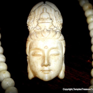 Vintage Tibetan Natural Deer Bone 108 Beads Prayer Mala With Hand Carved KwanYin Pendant~Unisex Buddhist 108 Bead Prayer Mala~Buddhist Gift