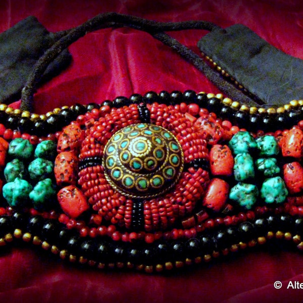 Vintage Ladakh Coral,Turquoise,Brass,Glass Bead,Black Fabric and Cord Belt