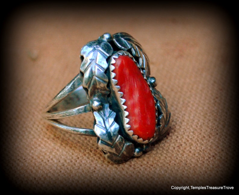 Bench made Navajo Red Coral RingSterling and Red Coral Wrapped in Feathers Navajo RingMid Century Coral RingSouthwest Navajo Ring For Her