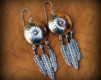 Signed Concho and Three Feathers 925 Earrings~Navajo Benchmade Sterling Earrings~Native American Earrings~ Dangle and Drop Earrings for her