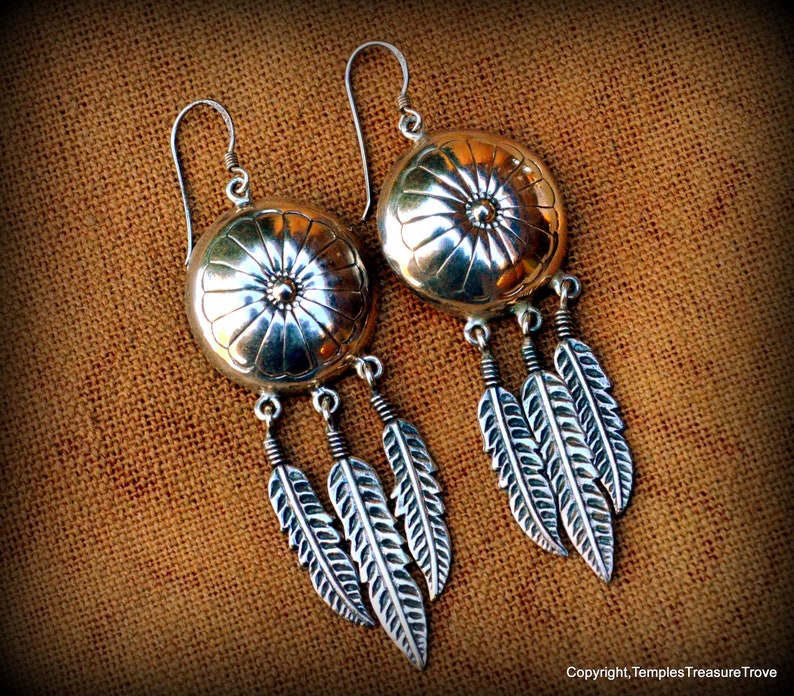 Signed Concho and Three Feathers 925 EarringsNavajo Benchmade Sterling EarringsNative American Earrings Dangle and Drop Earrings for her image 1