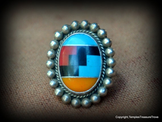 Vintage Zuni Inlaid Stone and Sterling Ring ~Class