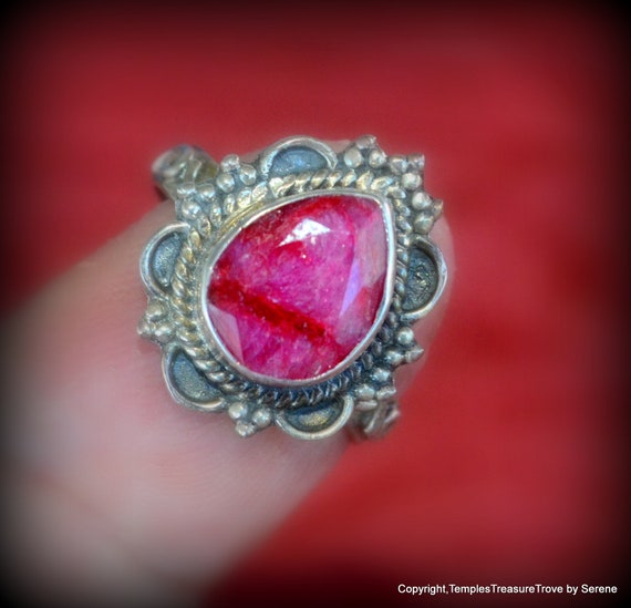 Teardrop Faceted Ruby and Sterling Silver Ring Si… - image 1