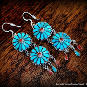 Traditional Nepali Sterling Turquoise Red Coral Earrings~Turquoise and Coral Earrings~Nepali Sterling Turquoise & Red Coral Dangle Earrings