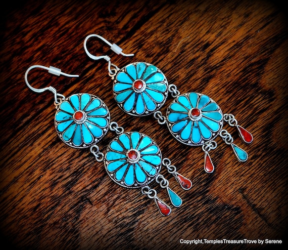 Traditional Nepali Sterling Turquoise Red Coral E… - image 1