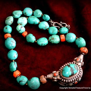 Tibetan 925 Turquoise and Coral Necklace with Antique Hair Ornament Bead~Tibetan Necklace~Unisex Turquoise and Coral 925 Statement Necklace