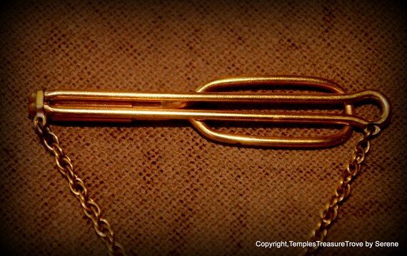 Mid Century Gold Tone Tie Bar and Chain~Gold Tone… - image 4