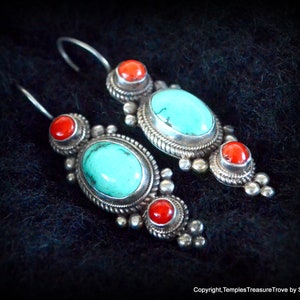 Stunning Nepali Sterling Turquoise Red Coral Earrings~Turquoise and Coral Earrings~Nepali Sterling Turquoise and Precious Red Coral Earrings