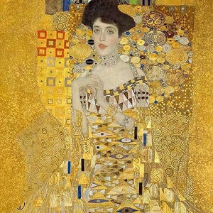 May include: A portrait of a woman in a gold dress with intricate patterns and details. The artwork features a woman with a dark hat and a choker. The background is a mix of gold and yellow tones, creating a luxurious feel.