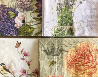4 x Single Different Napkins Flowers Lavender for Decoupage and Crafting 134