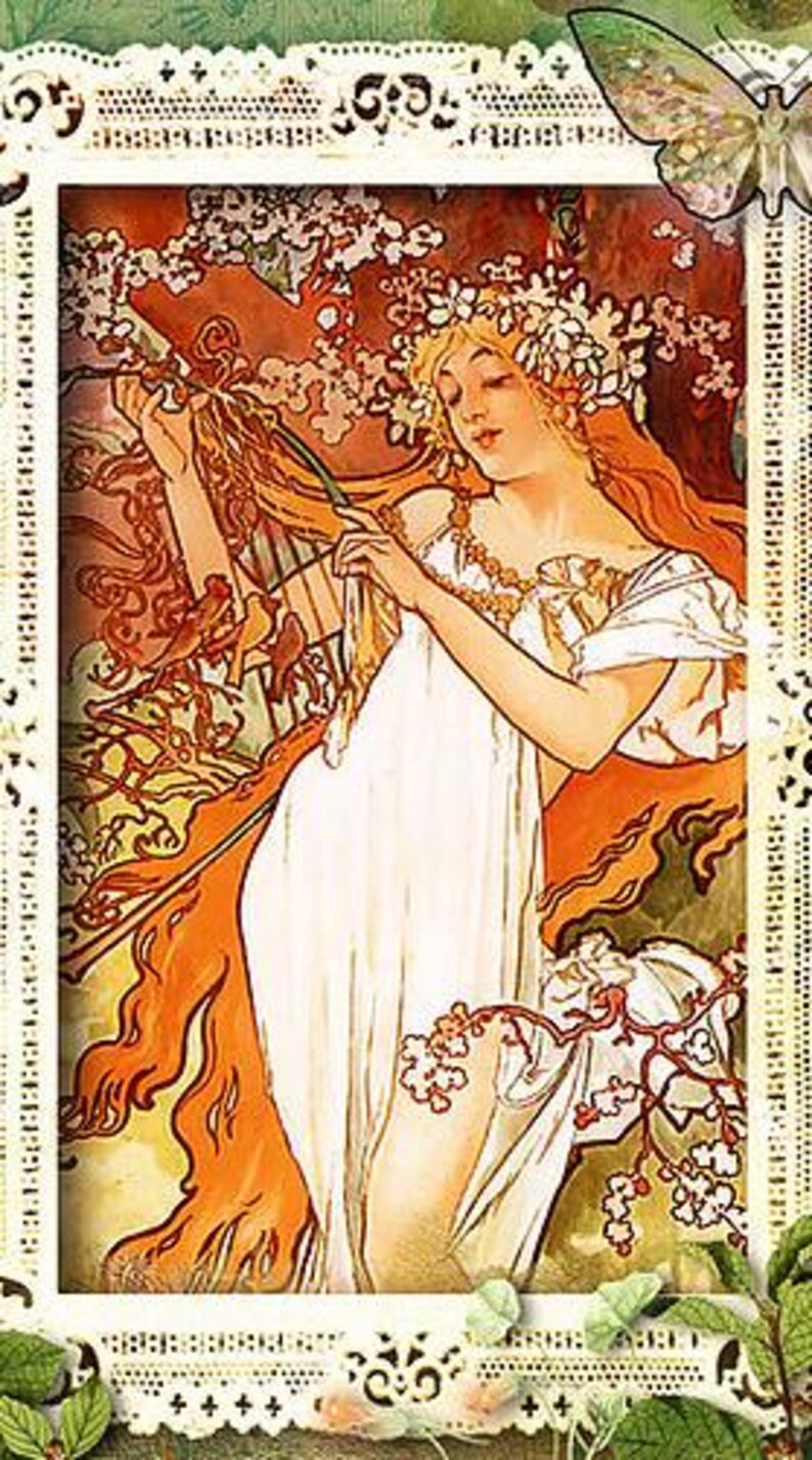 K&ouml;nnte beinhalten: Eine Vintage-Art-Nouveau-Illustration einer Frau in einem wei&szlig;en Kleid mit einer Blumenkrone, die in einem Garten Harfe spielt. Die Haare der Frau sind lang und flie&szlig;end, und sie ist von &uuml;ppigem Gr&uuml;n und Blumen umgeben.