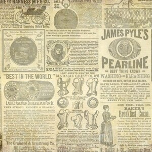 May include: A vintage newspaper page with advertisements for various products, including a carriage, a corset, a sad iron, and a breakfast cocoa. The page is printed in black and white with a brown tint and features illustrations of the products.